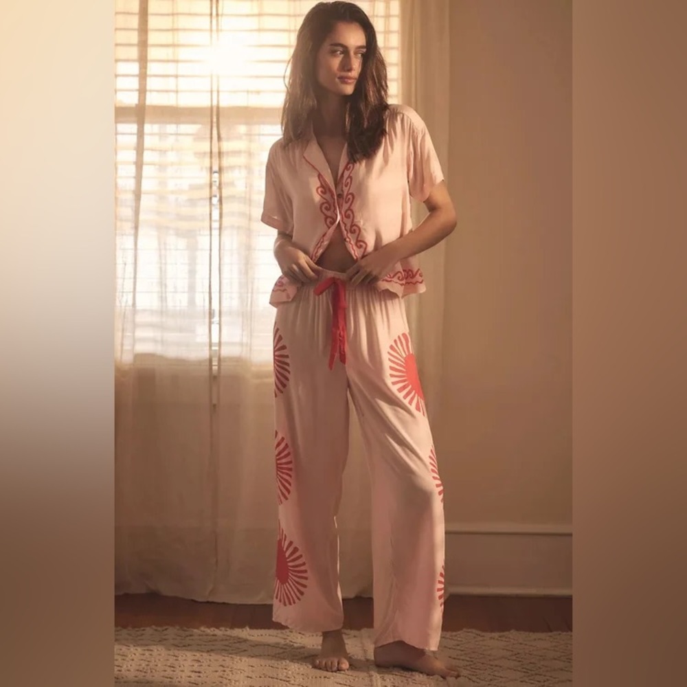 Anthropologie x Agathe Marty Pink Red Sunburst Cotton Pajama Lounge Set TOP ONLY